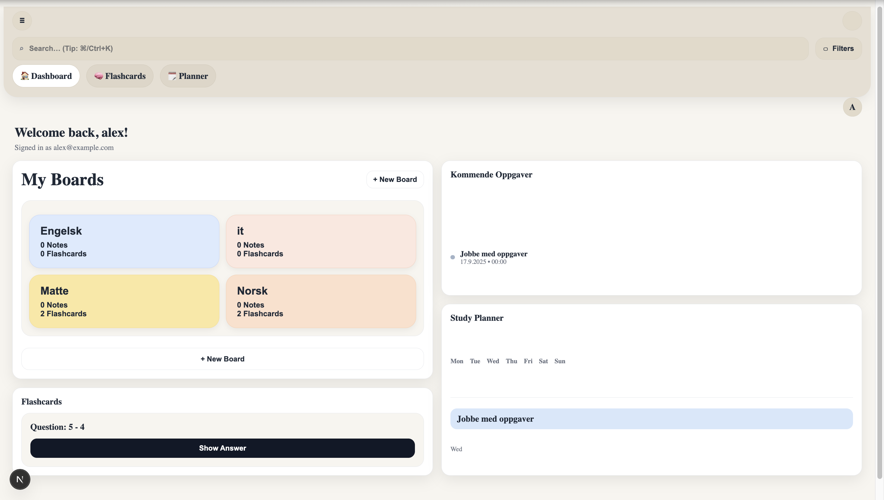 NoteAndPlan – dashboard